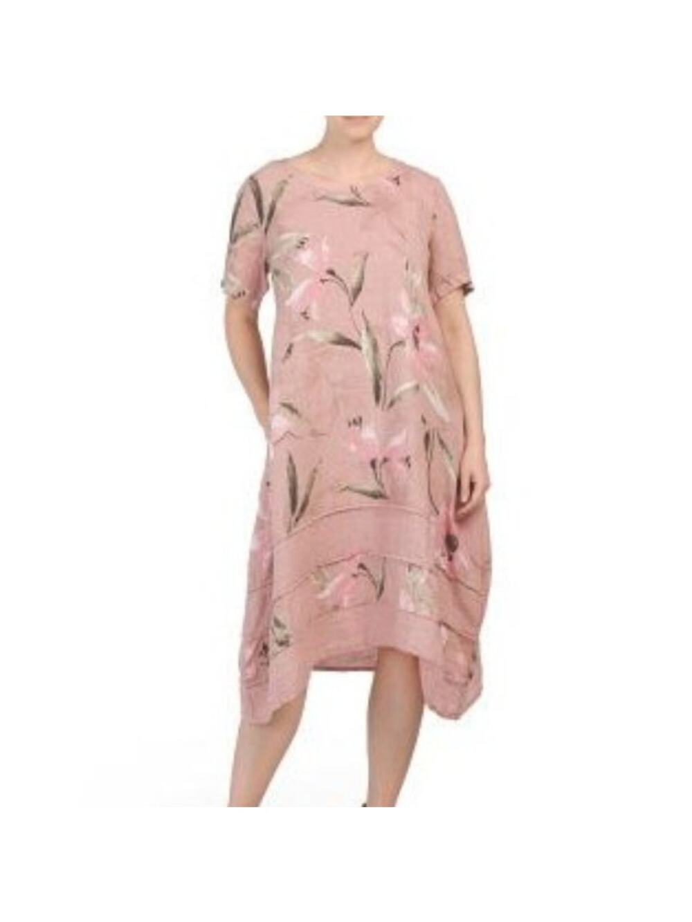 Alessia Pacini Linen Dress Pink Floral Pattern Asymmetrical Hem Size M  Pockets